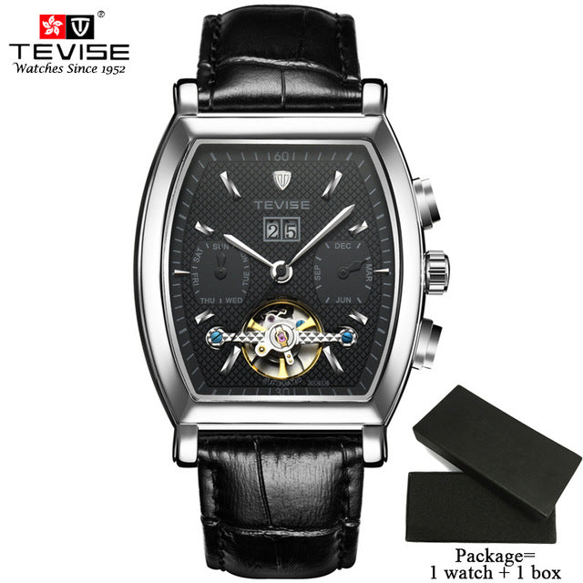 TEVISE High Quality Tourbillon Automatic Mechanical Watches Men Self Wind Business Genuine Leather Calendar Wristwatches 8383B